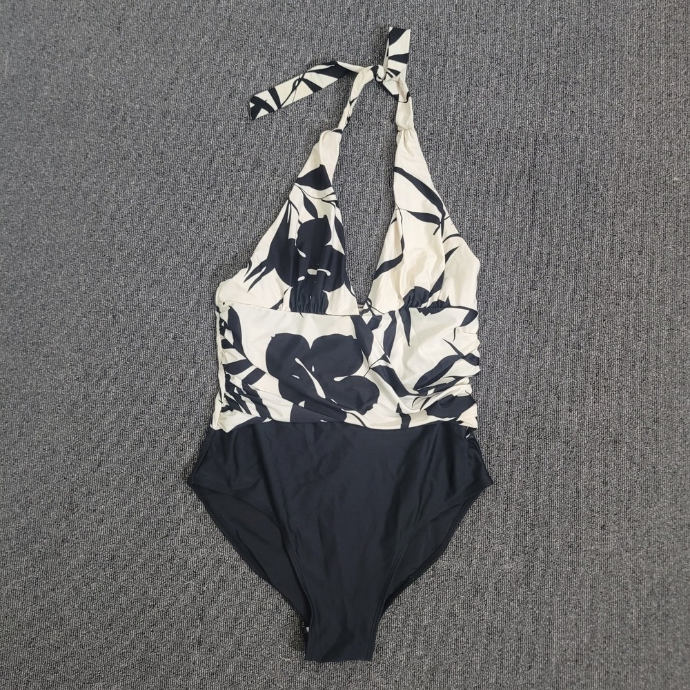 Ibiza Large One Piece Swimsuit Womens Black White Floral Halter Ruched V-Neck